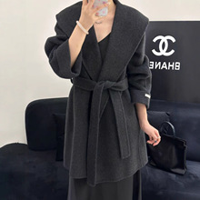 米兰往事 极简中长款2025秋冬新双面羊毛大衣连帽宽松外套女系带