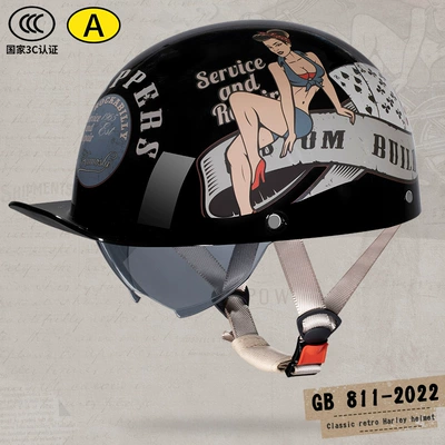 Motosiklet kaskı (dəbilqə), Retro Harley Cruise Half Helmet - glossy-black-poker-decals