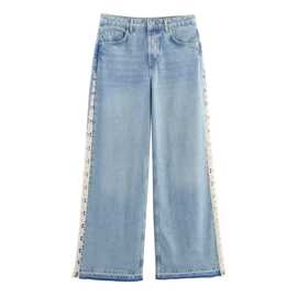 跨境速卖通爆款女装欧美风外贸批发ZR现货拼接高腰阔腿牛仔裤