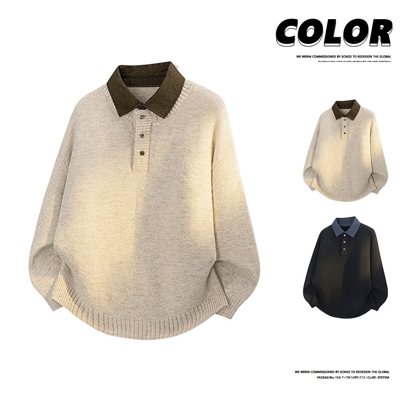 Cross-border wholesale of high-quality, high-density alpaca wool men's sweater with a faux two-piece shirt collar, thickened, warm, skin-friendly, and elastic for autumn and winter