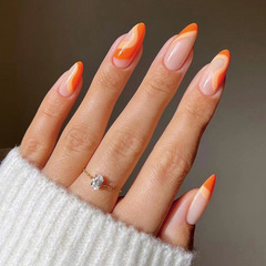 穿戴甲批發 法式簡約甲片 穿戴甲橘黃線條美甲成品假指甲片nails