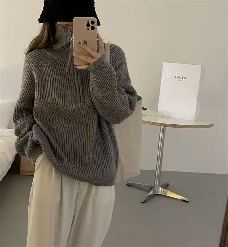 半拉链高领毛衣女秋冬季宽松韩版慵懒风外穿套衫软糯针织衫上衣女|undefined
