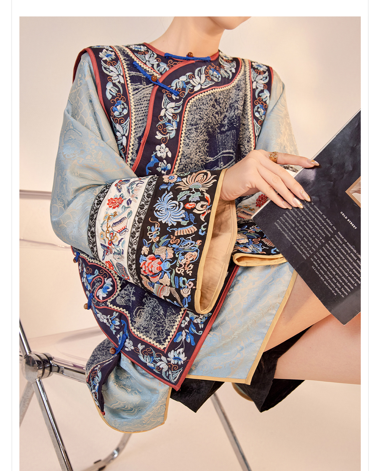 Áo khoác blazer nữ kiểu Trung Quốc cao cấp chất lụa jacquard tay dài mùa thu — Màu xanh lam nhạt chi tiết 13
