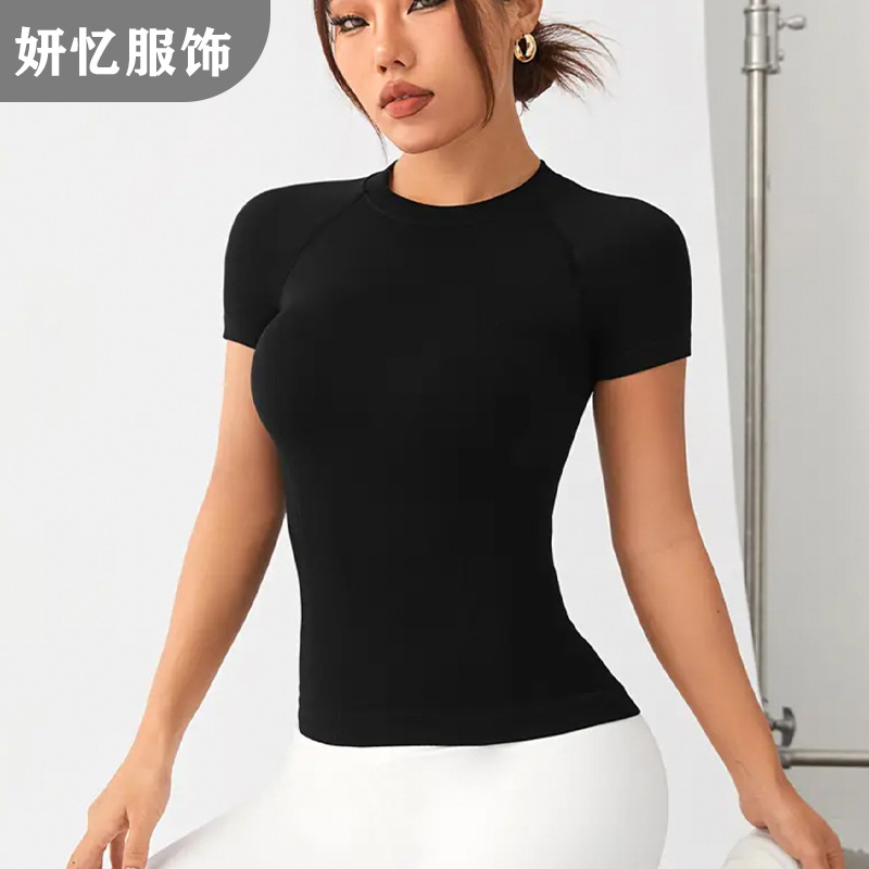 Cross-Border Sports Tops, Short-Sleeved Hot-Selling Items, Nude-Feeling Tight-Fitting Slimming Running Pilates Sports T-Shirts, Yoga Clothes for Women