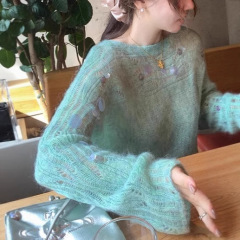 羊驼毛羊毛套头针织衫毛衣女2025早秋氛围感穿搭镂空上衣绿色均码