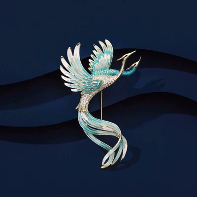 Chinese Style Enamel Phoenix Brooch Yaxa sancaqları - golden-blue-phoenix-laiyi