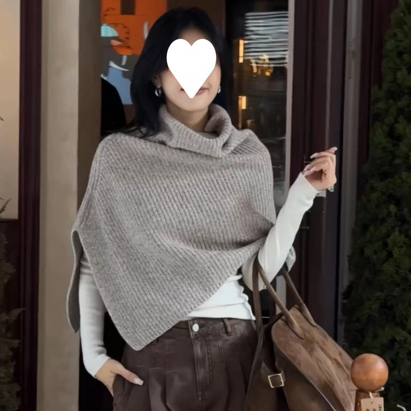 Designed Asymmetrical High-Neck Cape Pullover Sweater for Women in Autumn and Winter, High-End and Super Nice-Looking Loose Knitted Top Designed Asymmetrical High-Neck Cape Pullover Sweater for Women in Autumn and Winter, High-End and Super Nice-Looking Loose Knitted Top