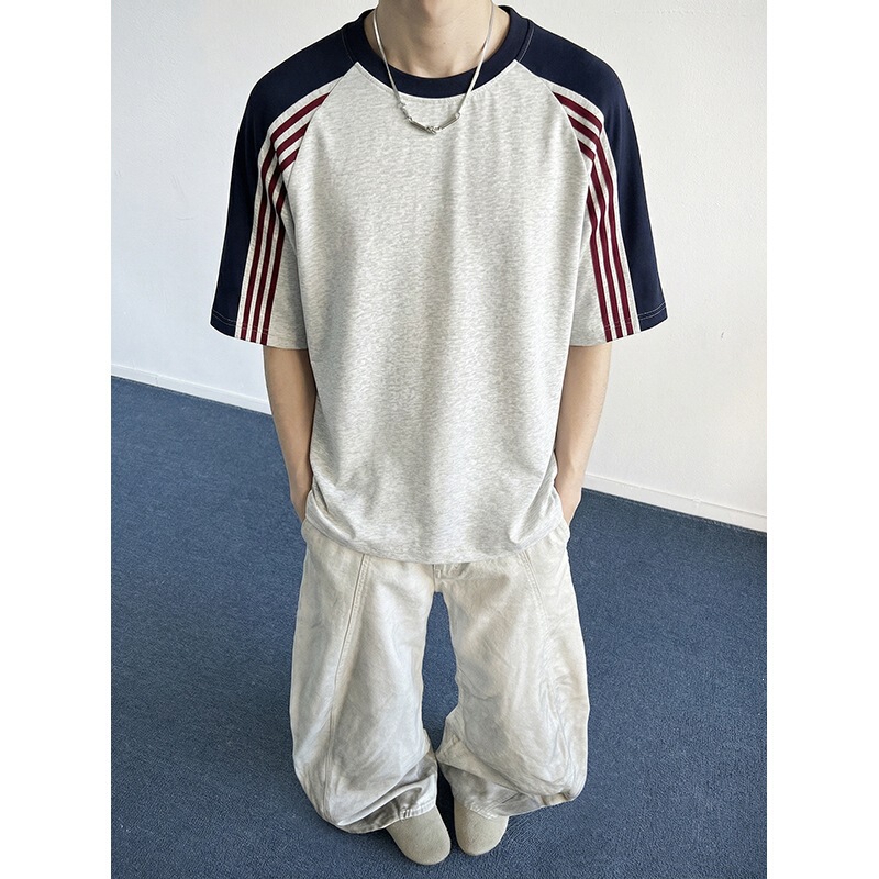 High-quality two-tone summer American high street fashion brand loose-fitting three-stripe color-block short-sleeve t-shirt