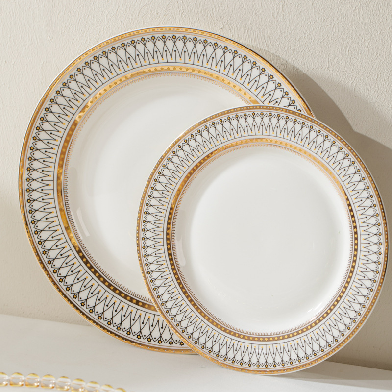 European-Style Plate with Gold Rim, Tableware Steak Plate, Household Ceramic Western Dinner Plate Set, Light Luxury Banquet Model Room Display Plate B&