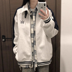 美式立领开衫撞色拼接插肩卫衣外套女秋冬学院风复古情侣夹克上衣