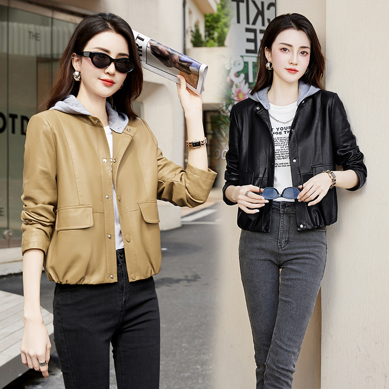 High-end Big Brand Women's Spring and Autumn Sheepskin Top Small Short Wallet Korean-style Hooded Leather Jacket