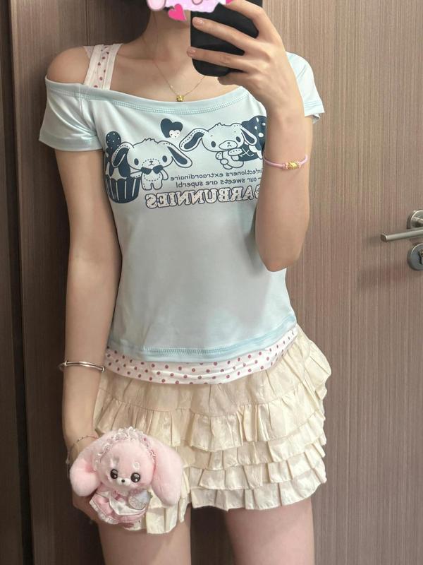 日本製甘くて可愛いソフトガール子供服デザートウサギ水玉キャミソールフェイクツーピース半袖Tシャツトップス|undefined