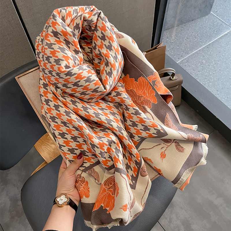 New houndstooth printed scarf women's winter ins retro versatile thick warm long shawl dual-use scarf