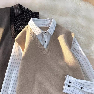 Oversized 300 Jin Fake Two-piece Shirt Jacket for Men and Women Spring and Autumn Couple Fashion Brand Vertical Stripe Long Sleeve Jacket