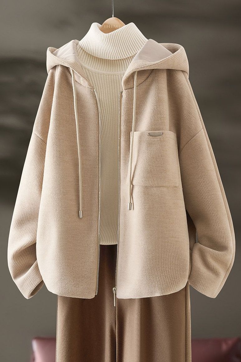 High-End Woolen Outwear Women's Outwear Autumn and Winter Thickeneded Velvet Casual Hooded Sweatshirt with Western Style Loose Silhouette