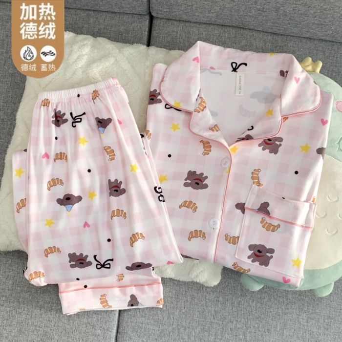 Al por mayor transfronterizo caliente de terciopelo de manga larga pijama conjunto de niñas otoño invierno dulce cardigán de dibujos animados ropa para el hogar