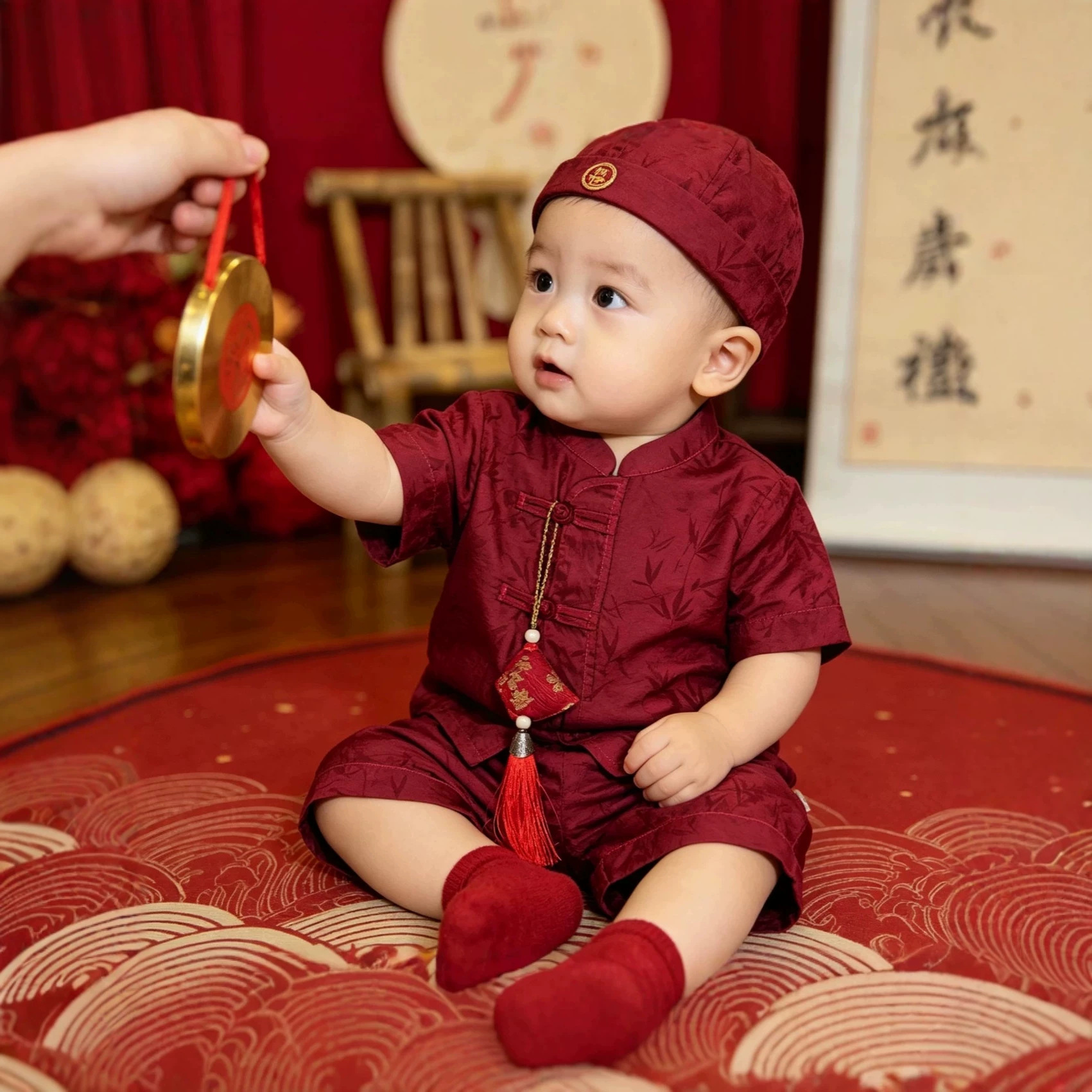 周岁男宝礼服夏季新中式唐装生日宴抓周服百天婴儿中国风红色衣服