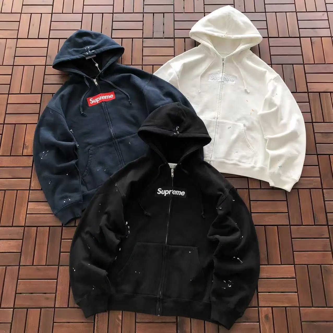 Cross-border in-stock SUPREME×MM6 Margiela collaboration splatter-ink embroidered zip-up hoodie loose-fitting sweatshirt