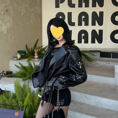 美式复古小众独特皮衣外套女冬季新款辣妹十字架重工宽松机车夹克