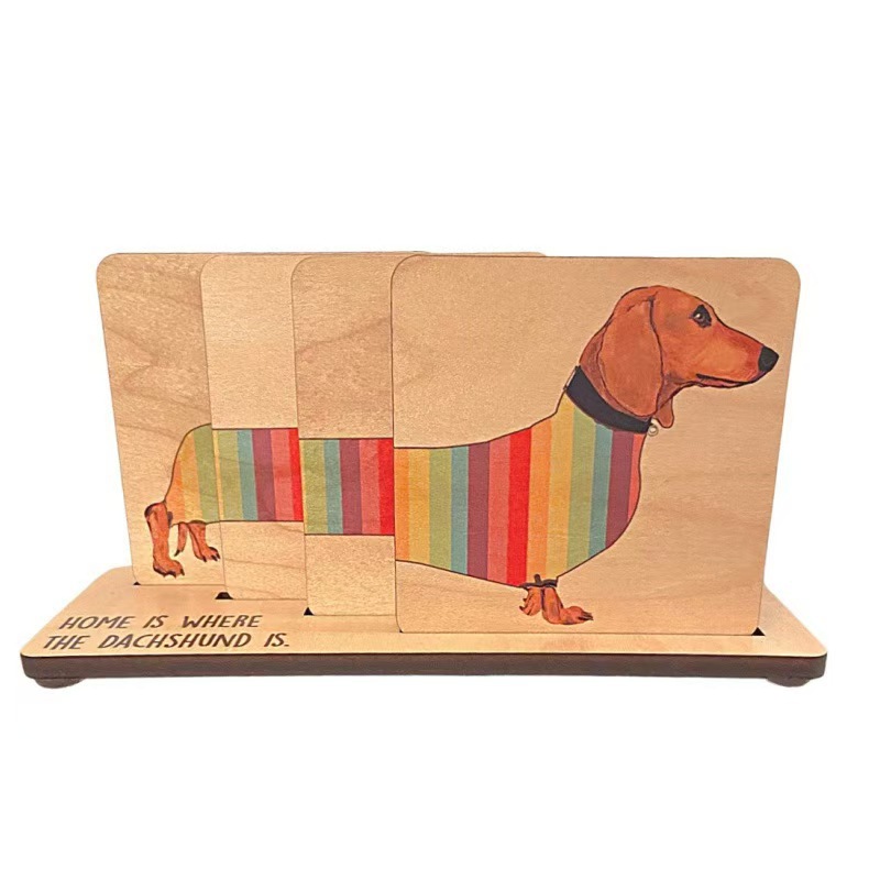 Posavasos de madera creativo Dachshund, diseño de arcoíris y perro salchicha, montaña rusa