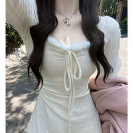 小个子气质温柔风收腰显瘦连衣裙女秋冬绑带内搭打底内搭中长裙子