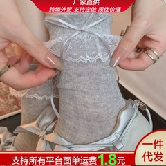 夏季薄款芭蕾风中筒堆堆袜灰色蕾丝蝴蝶结花边袜子女miu配小皮鞋