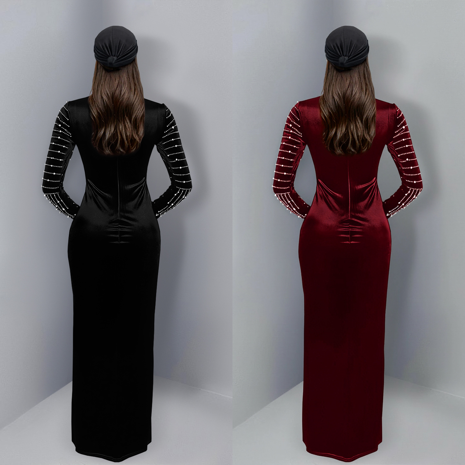 C7617 Aliexpress transfronterizo Amazon Europa y América de moda de mujer temperamento elegante de seda de diamante vestido de manga larga image 3