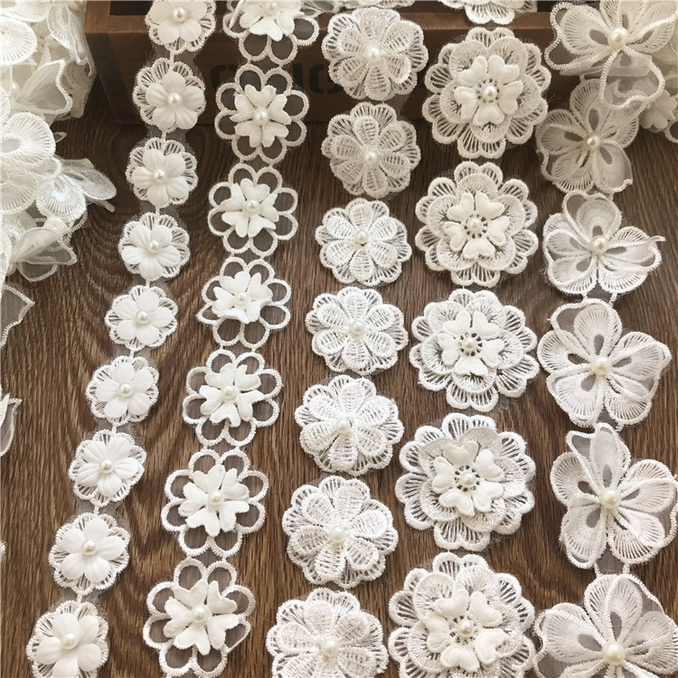 Free shipping organza white lace nailed pearl three-dimensional lace…