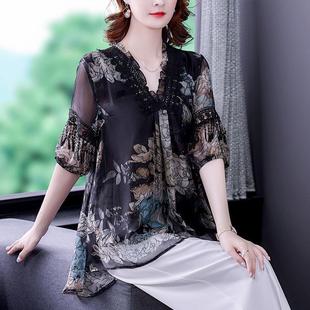 Plus Size Summer Chiffon Shirt Large Size Lace Splicing V-Neck Top Loose Belly-Covering Shirt 2025 New Style