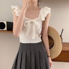 Lace Edge Solid Color Bow Tied Knit Tank Top for Women Summer Sexy Bikini Navel Short Sleeveless Top Trendy