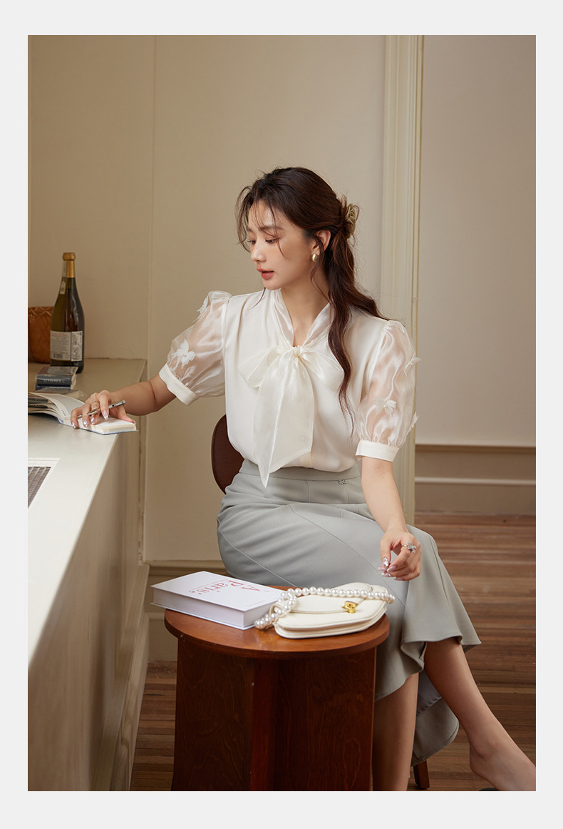 起范 夏款气质轻熟风蝴蝶结衬衫女短袖小众设计钉珠法式衬衣82302 pic 9