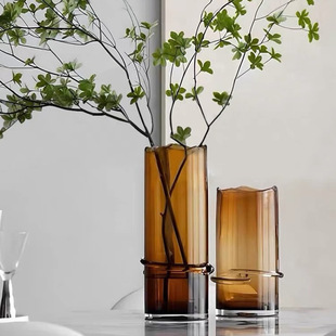 Entry Luxury Nordic Straight Tube Wrapping Silk Mouth Irregular Mocha Brown Glass Vase Living Room Bedroom Study Desktop