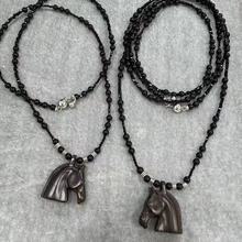 黑檀木马头串珠项链个性时尚休闲叠戴吊坠复古气质设计感毛衣项链