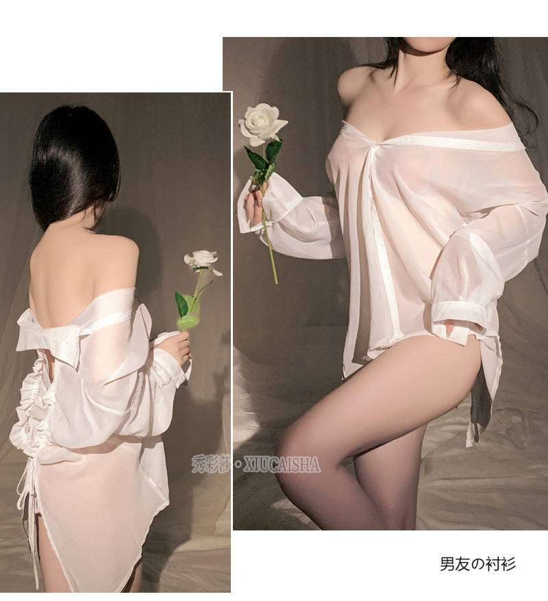 Sheer Chiffon Ruched Backless Sleepwear Shirt, Cute Roleplay Uniform Style, Black One Size — detail image 13