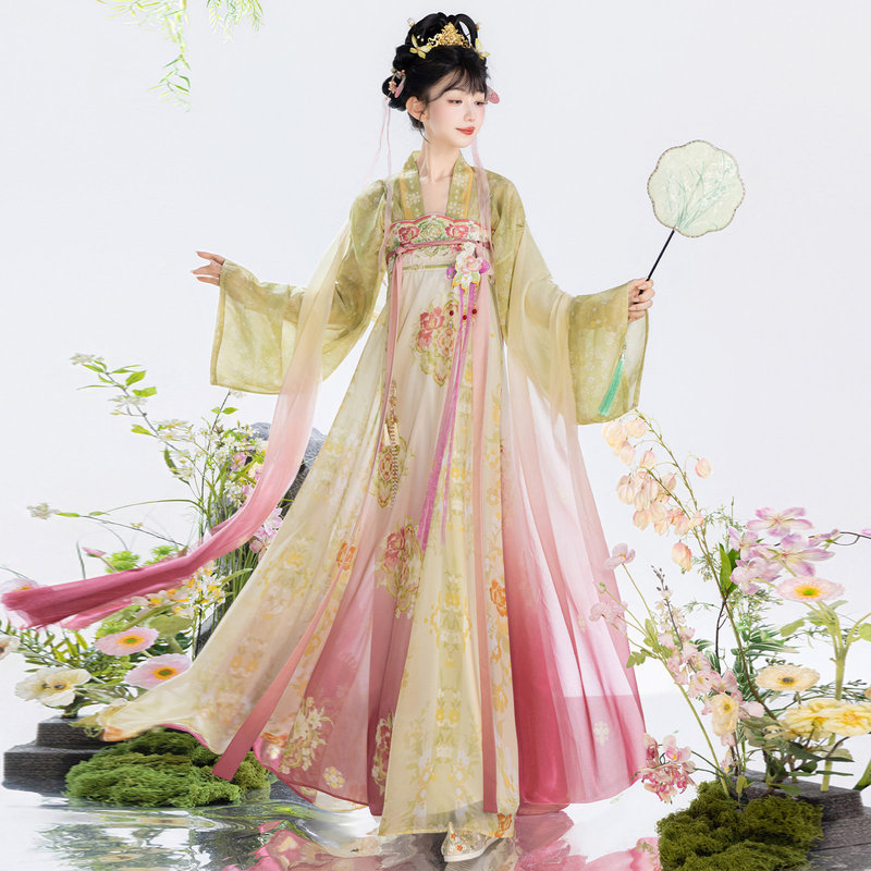 Zhī Yǔ Táng's Original Hanfu【Tao Xi Xiao】Tang-Style High-Waisted Floral Embroidery Gradient Color Hanfu for Daily Wear in Spring and Summer Zhī Yǔ Táng's Original Hanfu【Tao Xi Xiao】Tang-Style High-Waisted Floral Embroidery Gradient Color Hanfu for Daily Wear in Spring and Summer