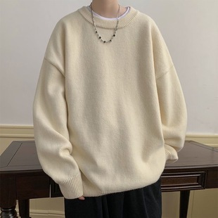 Solid Color Crewneck Sweater Men's Autumn and Winter Thickened All-match Knitted Sweater Korean Fashionable Knitted Men's Base Shirt Jacket