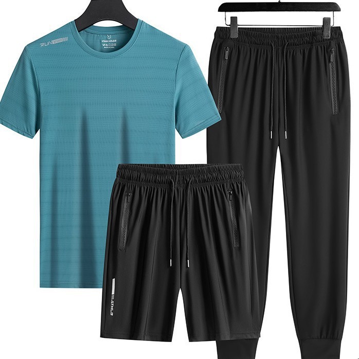 Trajes deportivos transfronterizos para hombres de verano de seda de hielo de manga corta de mediana edad, pantalones rectos para padres de tres piezas de secado rápido