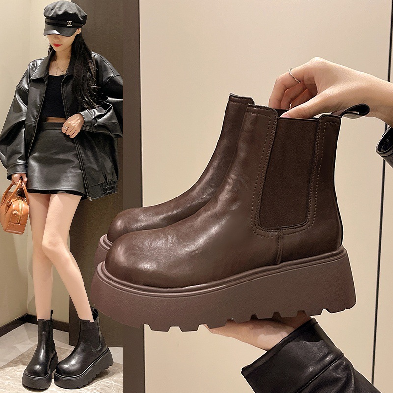 Boots for Women 2025 New Autum French Style Fleece-Lined Warm Short Boots for Small People Thick Sole Heightening Slim Boots