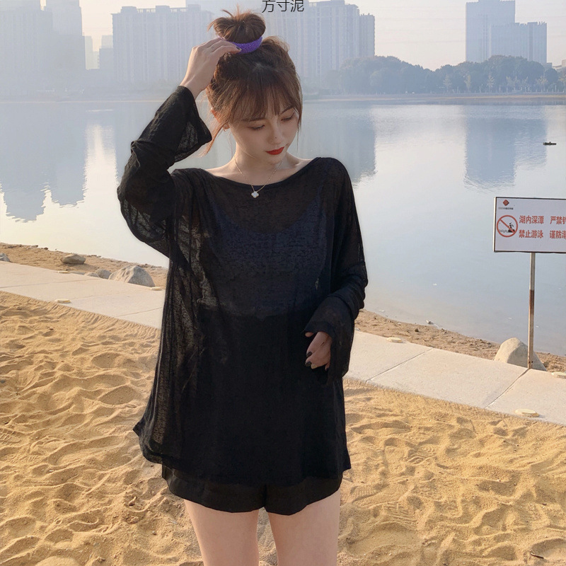 夏用薄手日焼け止め服 女子学生向け アイスシルク ネット人気 長袖 韓国風 大きいサイズ ゆったりトップス シフォンブラウス 卸売|undefined