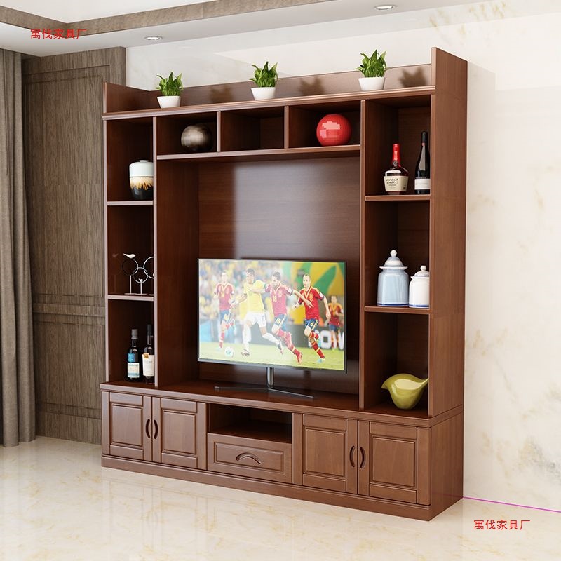 Living Room Chinese Solid Wood Tv Background Wall Cabinet Storage Cabinet Small Apartment Combination Modern Simple Film and Television Wine Cabinet Floor Cabinet