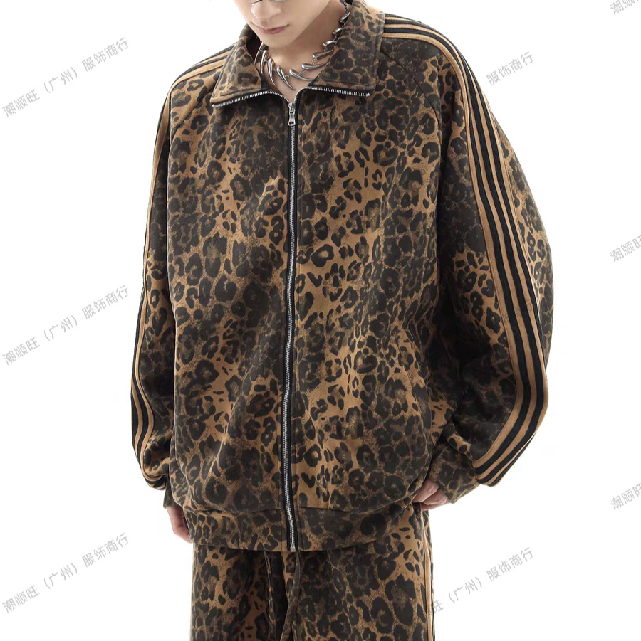 미국 복고풍 레오파드 무늬 스포츠 세트 재킷 트렌디 브랜드 남성 빈티지 디지털 프린트 스트라이프 재킷 운동복