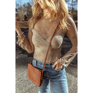 2025 New Autum Pure Color Slimming Look Bottoming Shirt for Women European and American Sexy Style Lace Crochet Long-Sleeved Top