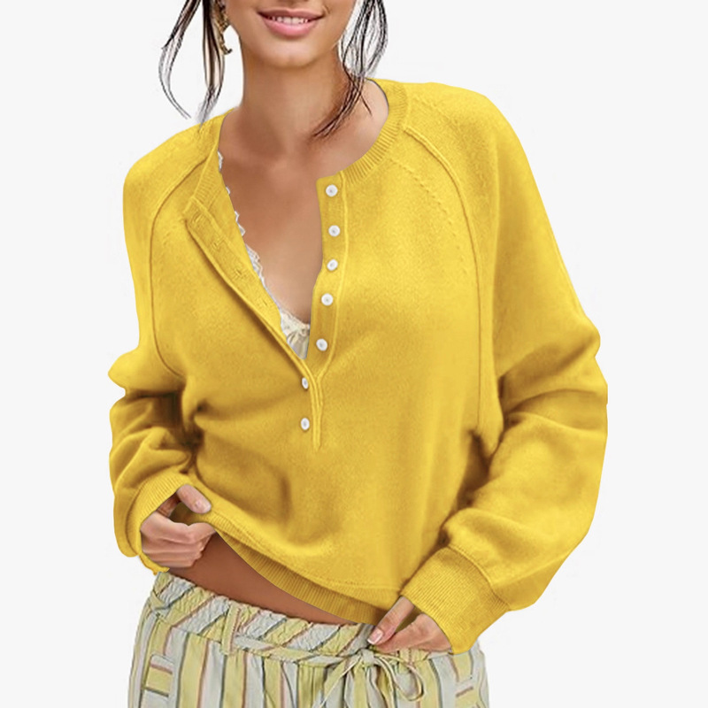 European and American Cross-Border Export Women's Clothing Autumn and Winter Women's Casual Round Neck Sweater Henry Shirt Button Knitted Pullover Top European and American Cross-Border Export Women's Clothing Autumn and Winter Women's Casual Round Neck Sweater Henry Shirt Button Knitted Pullover Top