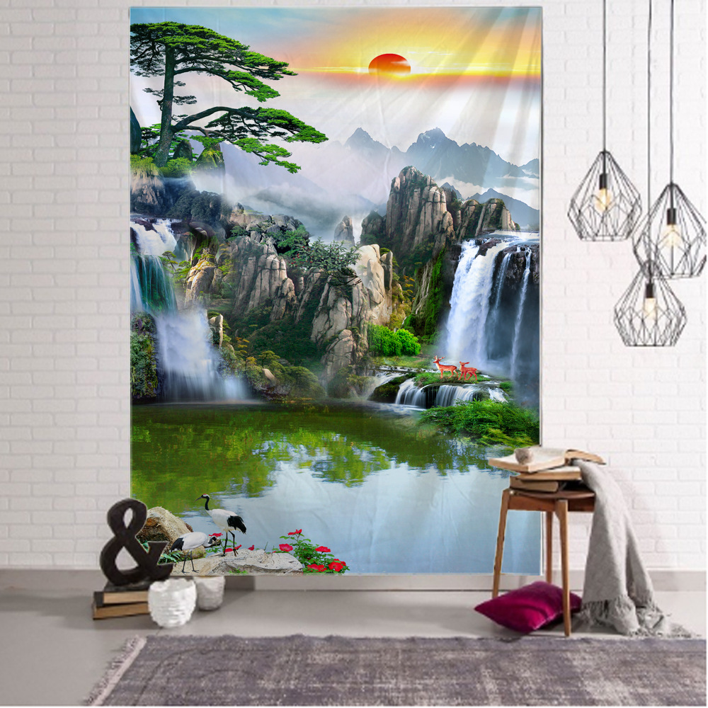跨境电商 国风山水背景挂毯山水瀑布风景布家居装饰 壁毯 背景布
