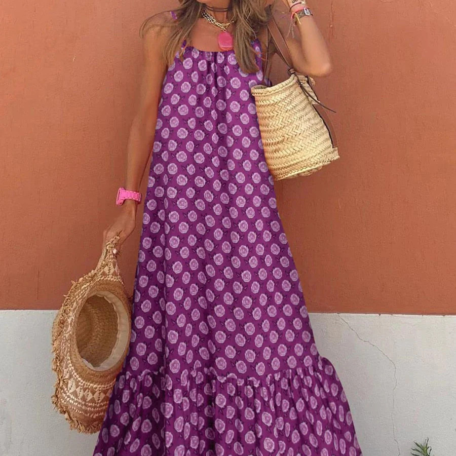 Neues europäisches und amerikanisches sommerliches, böhmisches Resort-Kleid mit Rüschen, Mädchenmuster, Trägern, V-Ausschnitt und lockerer Passform_voghion.com