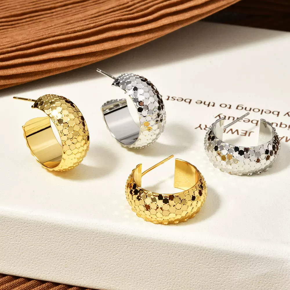 韩式气质网红爆闪金属质感批花C形耳钉时尚小众设计高级感耳饰女