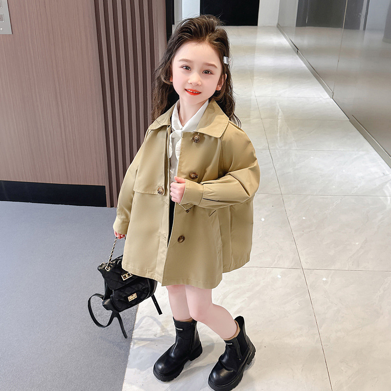 女童春秋韓版風衣2024新款兒童洋氣時髦中長款小女孩紐扣外衣