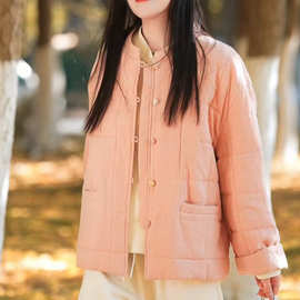 2025冬季新款复古立领盘扣苎麻丝加棉外套女文艺纯色款式保暖棉服