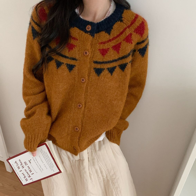 秋冬新款提花撞色毛衣外套女日系复古宽松慵懒风加厚休闲毛衣外套|undefined