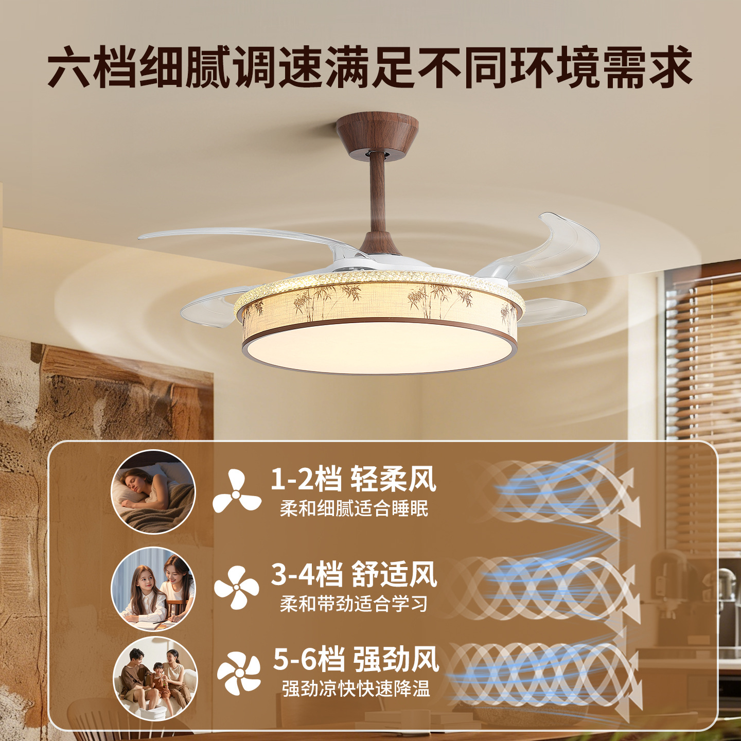 Lámpara de ventilador de comedor estilo antiguo nuevo estilo chino estética de la dinastía Song impresión de tela retrógrada gran ventilador eléctrico luz L263
